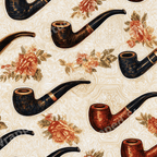 Vintage botanical design featuring antique wooden smoking pipes and roses on a cream damask background.