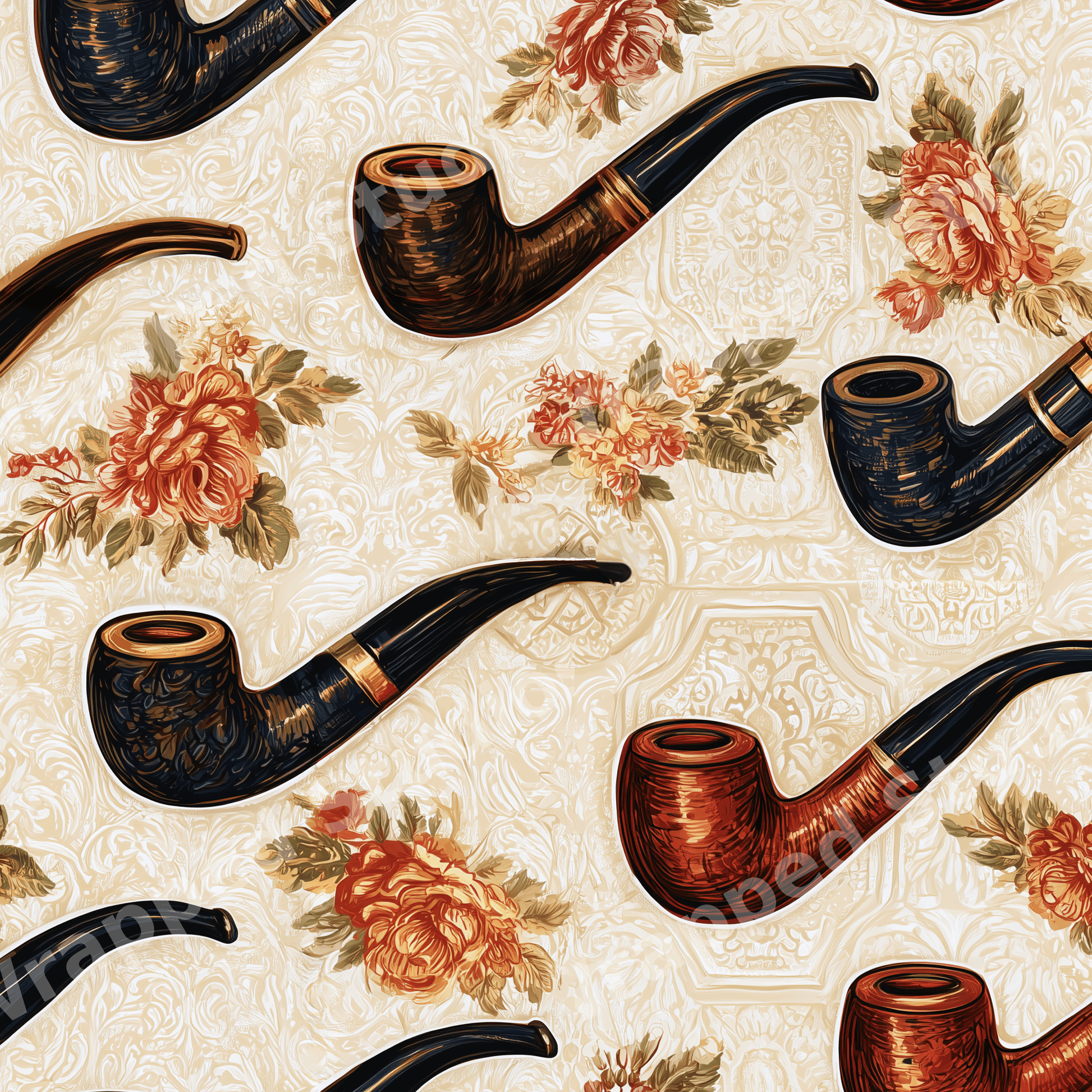 Vintage botanical design featuring antique wooden smoking pipes and roses on a cream damask background.