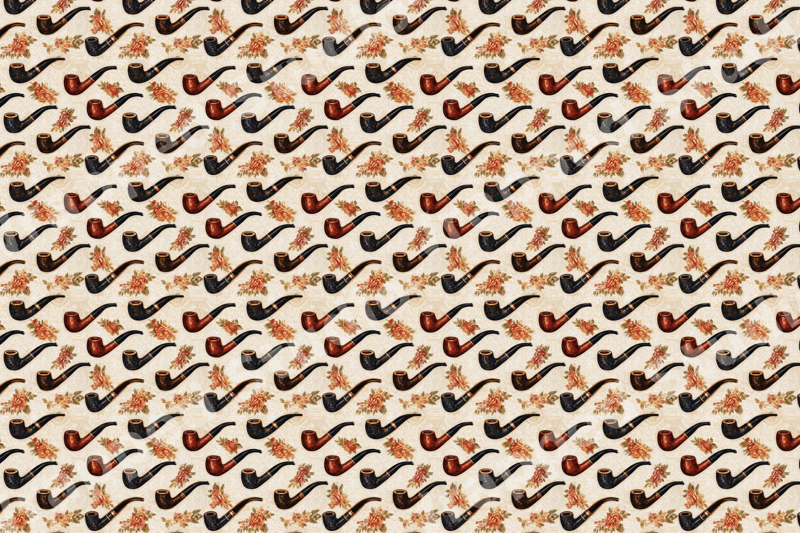 Vintage seamless pattern with retro smoking pipes and orange floral bouquets on a cream background.