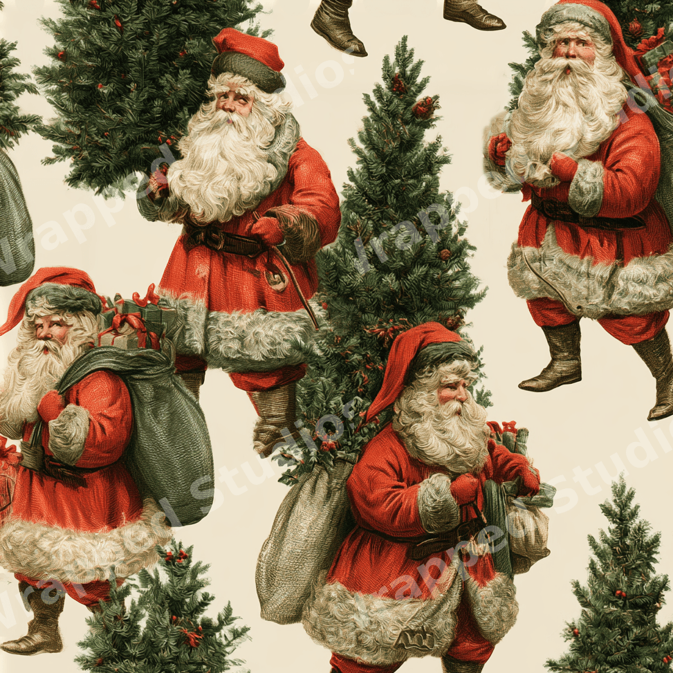 Seamless vintage Christmas pattern with traditional Santa Claus, pine trees, and a classic Victorian aesthetic.