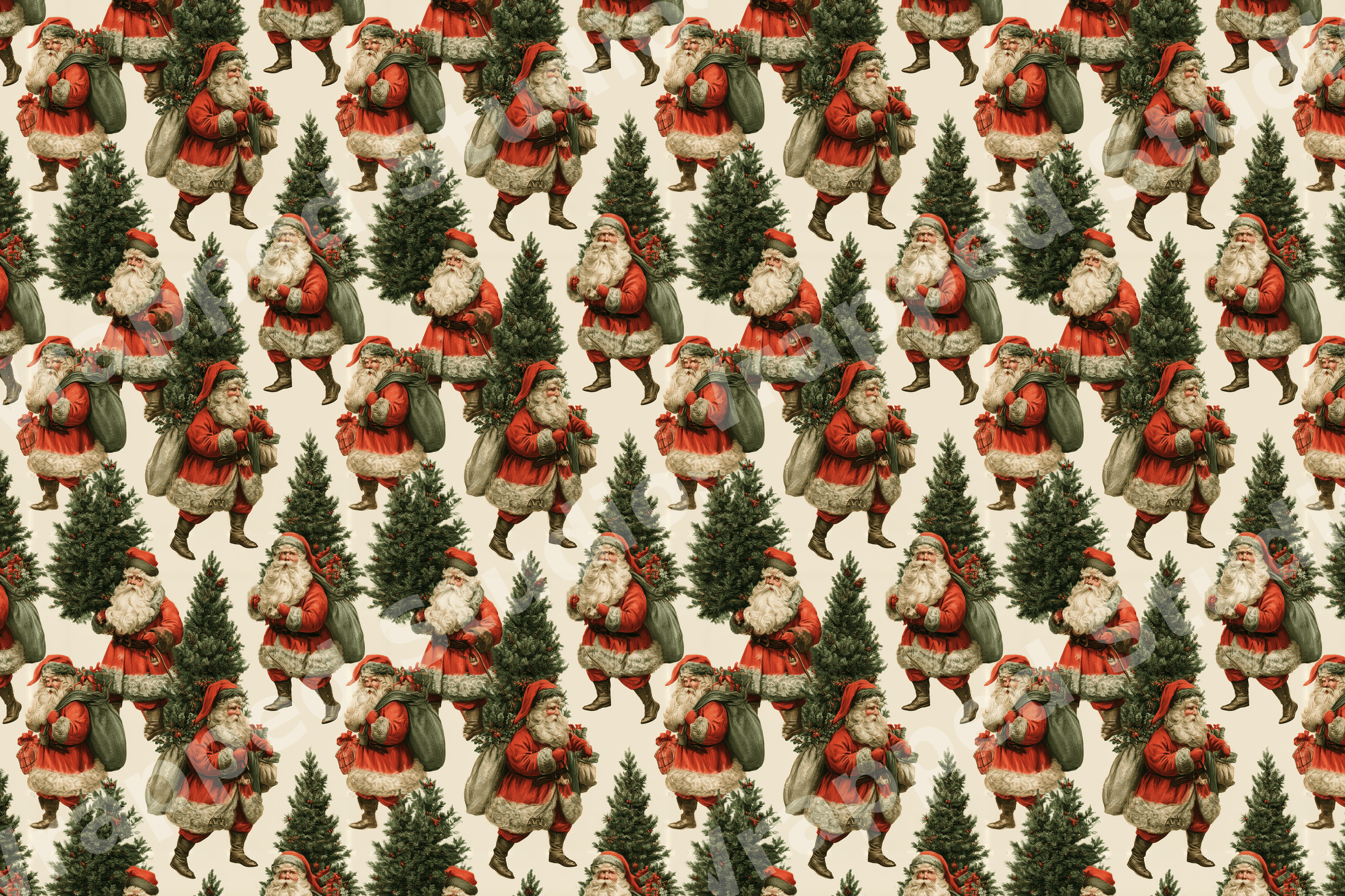 Vintage Santa Claus pattern featuring classic Santa carrying Christmas trees on a cream background.