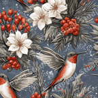Vintage winter botanical pattern with hummingbirds, white flowers, and red berries on a blue background.