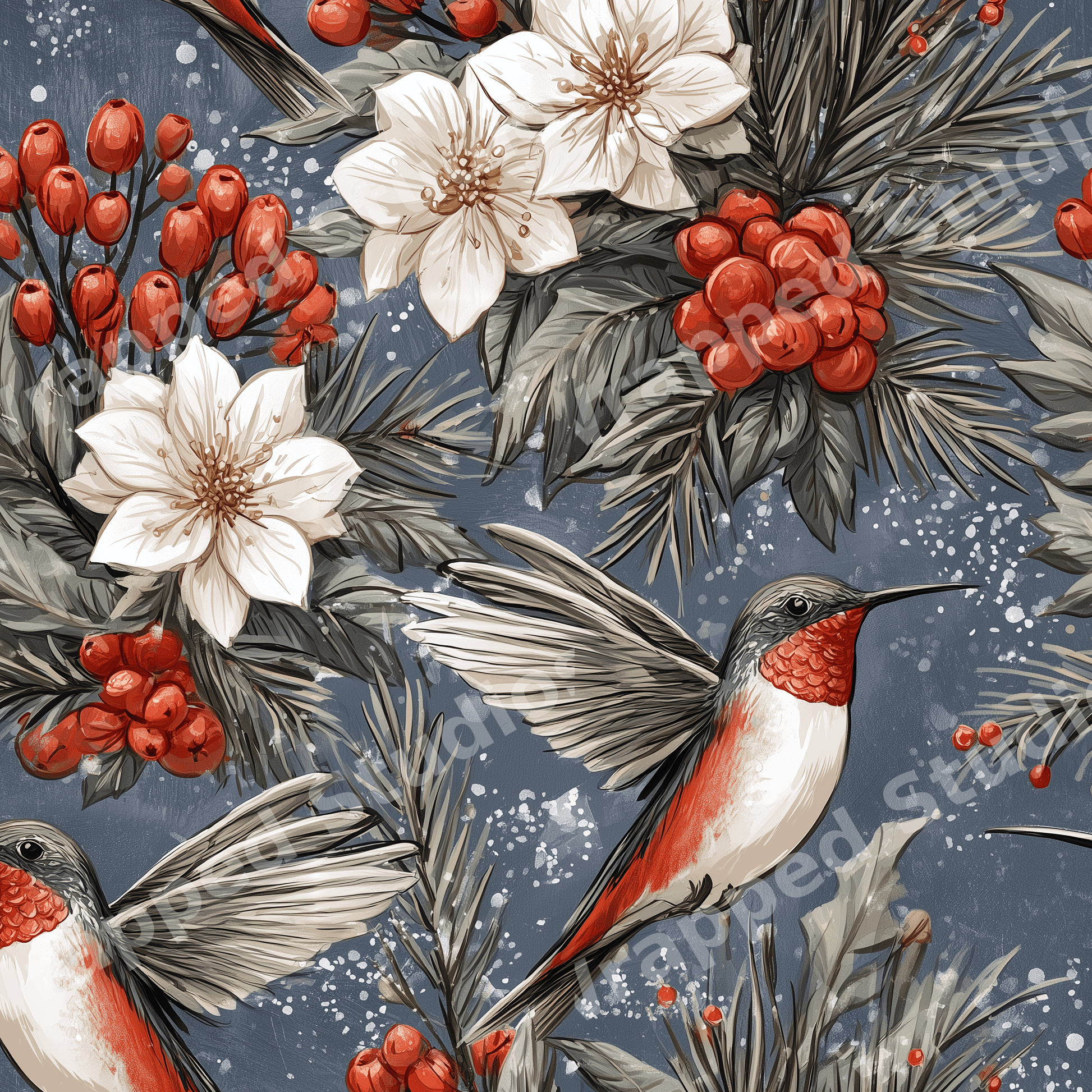 Vintage winter botanical pattern with hummingbirds, white flowers, and red berries on a blue background.