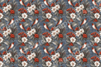 Vintage botanical pattern with hummingbirds, white winter flowers, and red berries on slate blue.