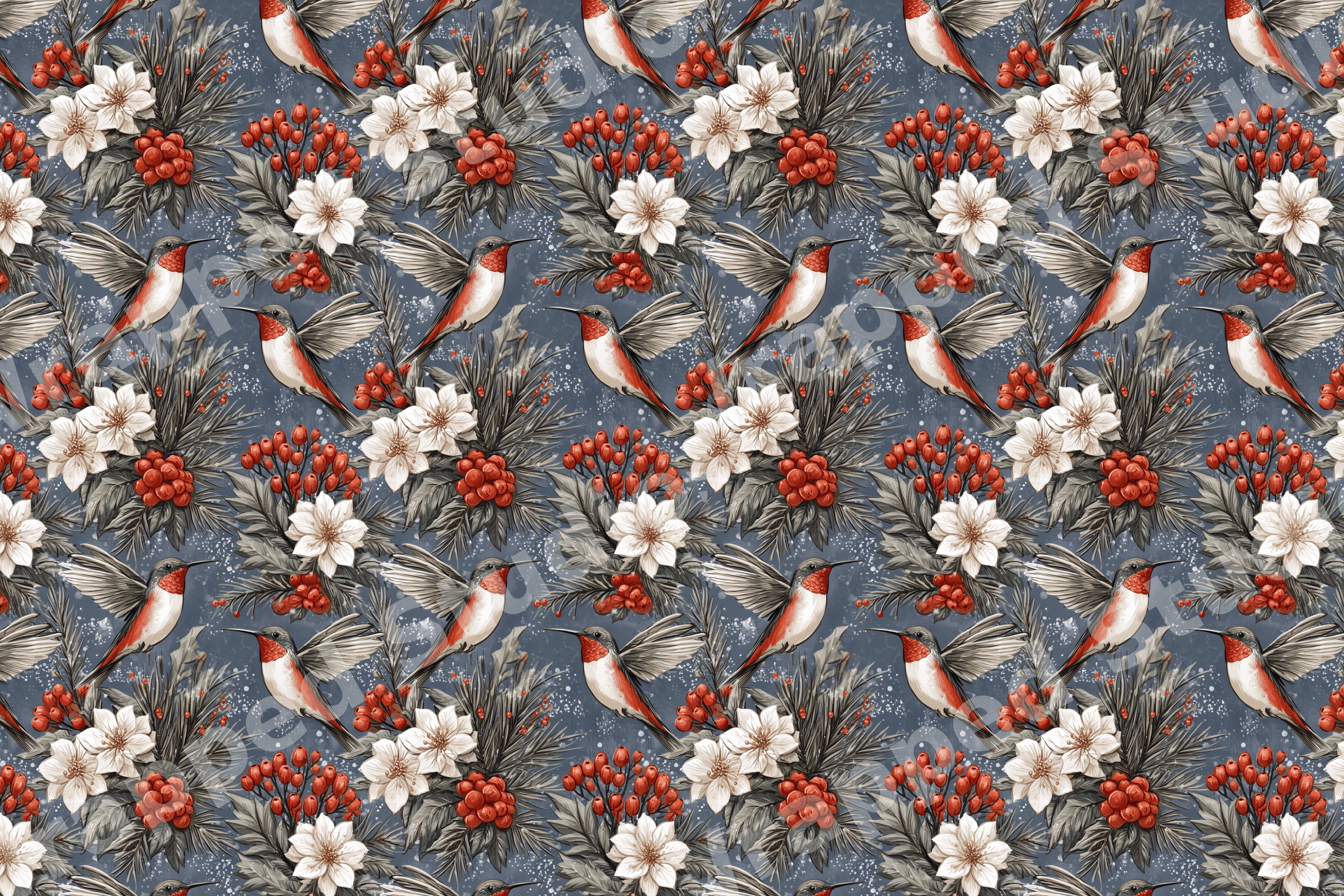 Vintage botanical pattern with hummingbirds, white winter flowers, and red berries on slate blue.