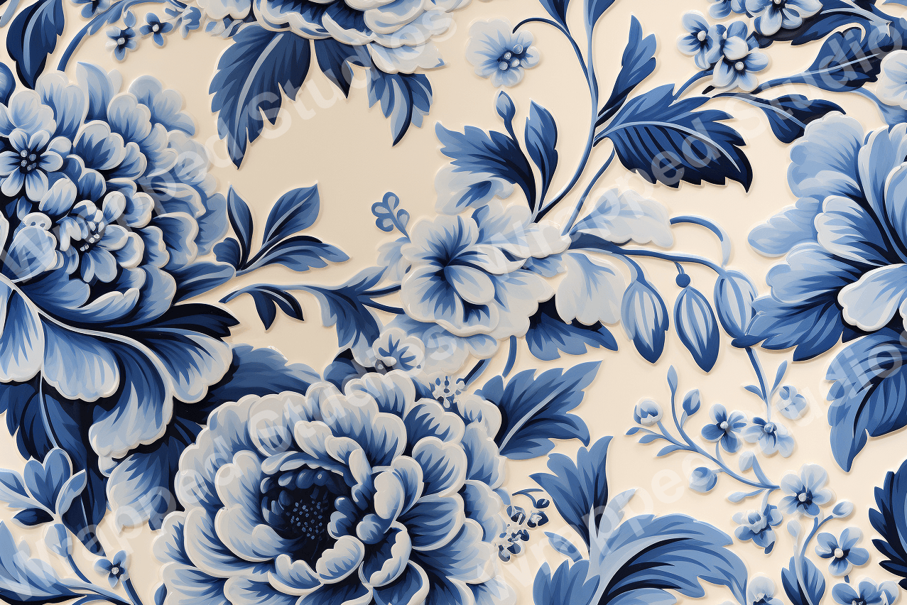 Elegant blue and white floral pattern with large blossoms and leaves.