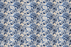 Classic blue and white floral pattern with peony blossoms and leaves.