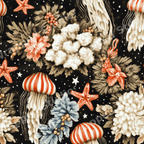 Vintage botanical design featuring jellyfish, starfish, and winter florals on a dark background.