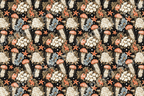 Vintage botanical jellyfish pattern with orange starfish and cream flowers on a black background.