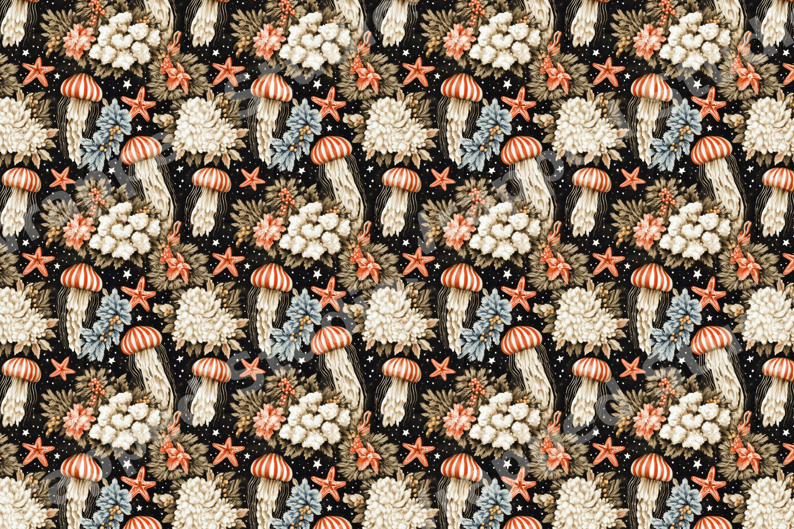 Vintage botanical jellyfish pattern with orange starfish and cream flowers on a black background.