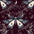 Elegant pattern with celestial moths, crescent moons, and botanical elements on a deep burgundy ground.