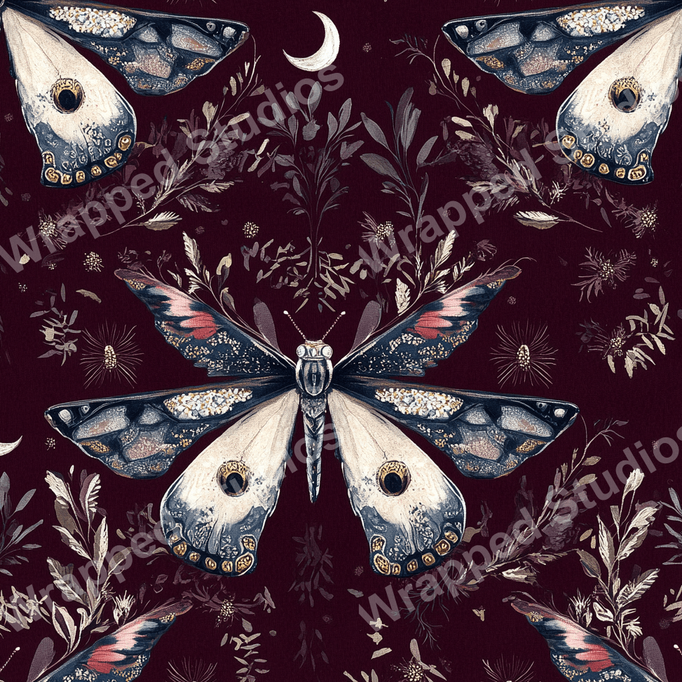 Elegant pattern with celestial moths, crescent moons, and botanical elements on a deep burgundy ground.