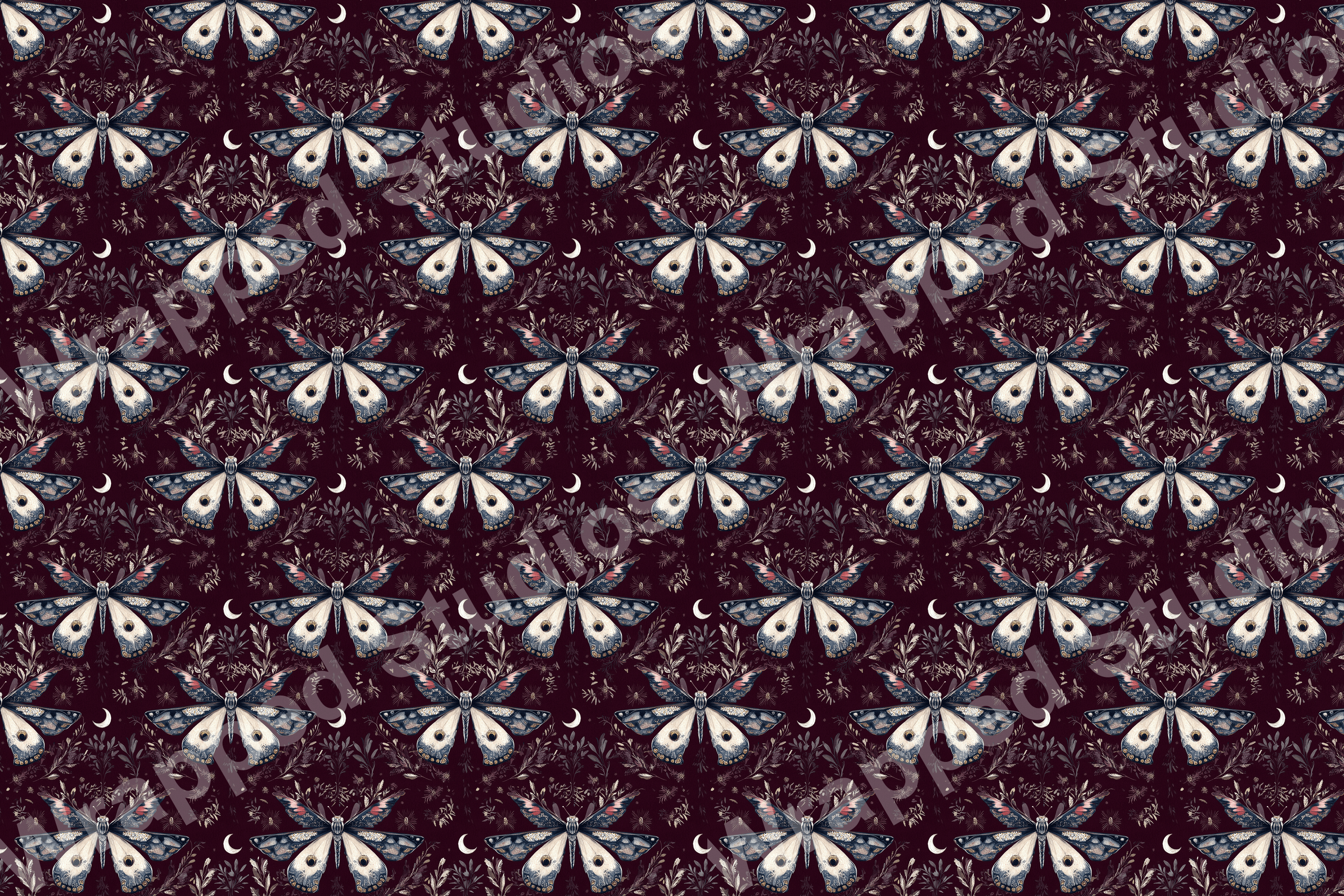 Elegant moth and crescent moon pattern on dark burgundy; a vintage botanical design.