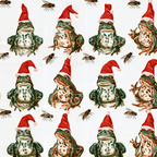 Whimsical Christmas frog pattern featuring green frogs in red Santa hats and small flies on a cream background.