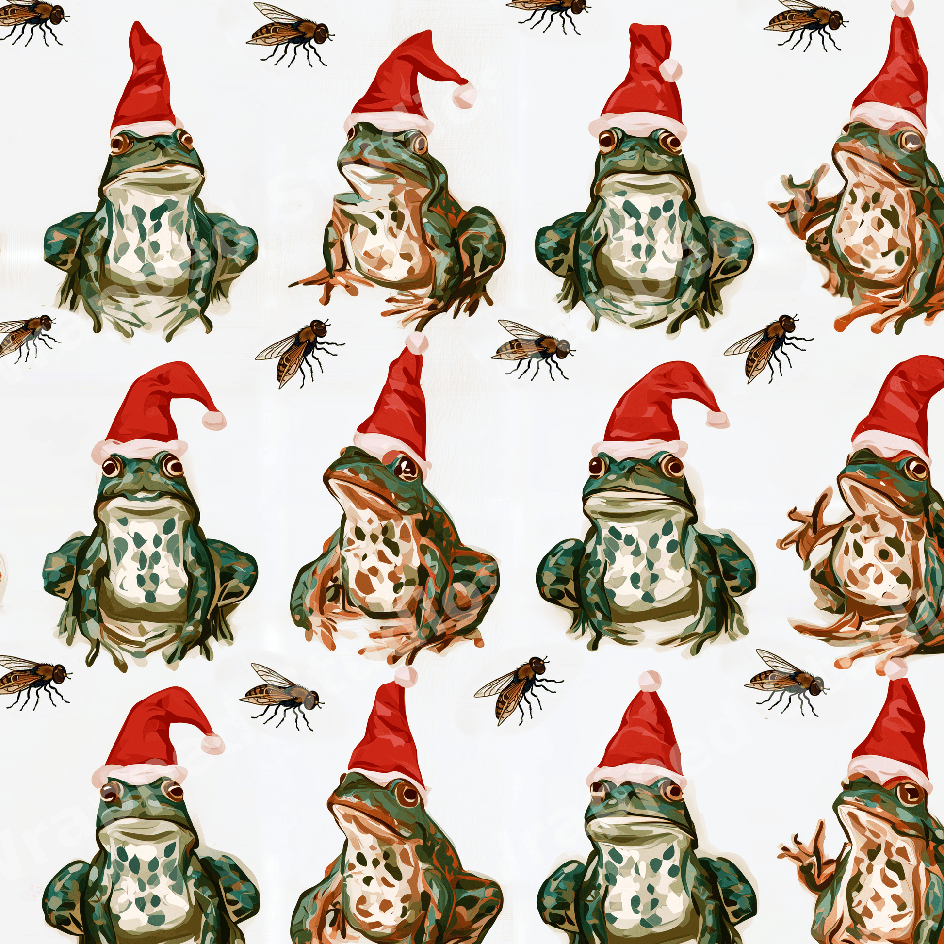 Whimsical Christmas frog pattern featuring green frogs in red Santa hats and small flies on a cream background.