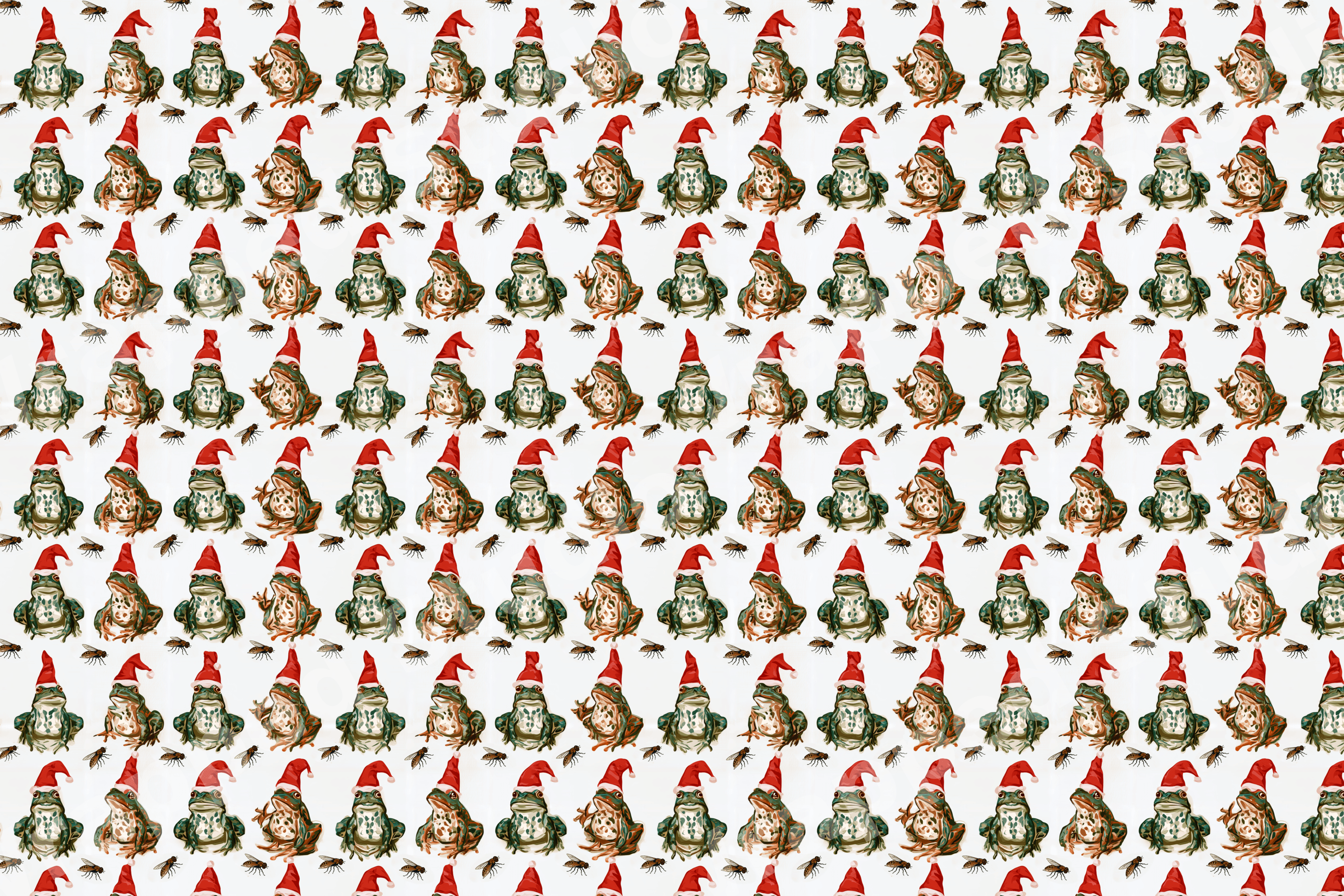 Whimsical Christmas frog pattern featuring green frogs wearing red Santa hats and tiny flies.