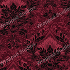 Elegant damask pattern with black floral motifs on a dark red background.