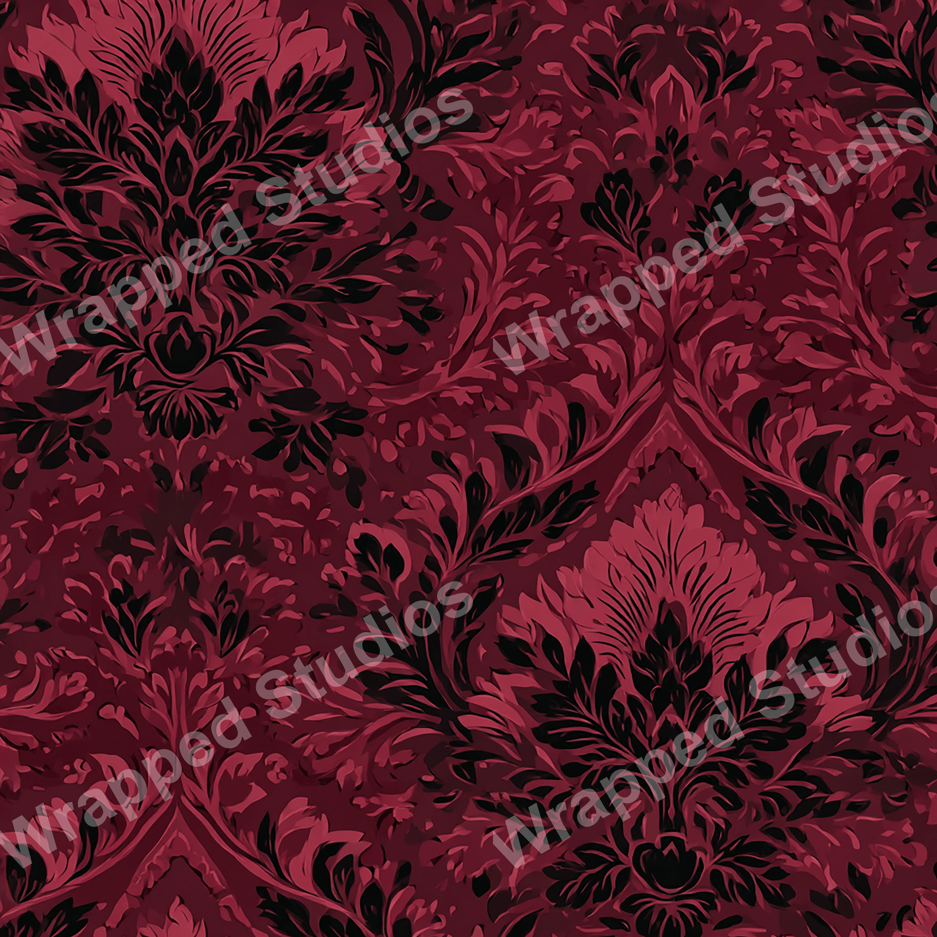 Elegant damask pattern with black floral motifs on a dark red background.