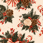 Vintage botanical Christmas pattern with pinecones, holly, red berries, and candy canes on cream.