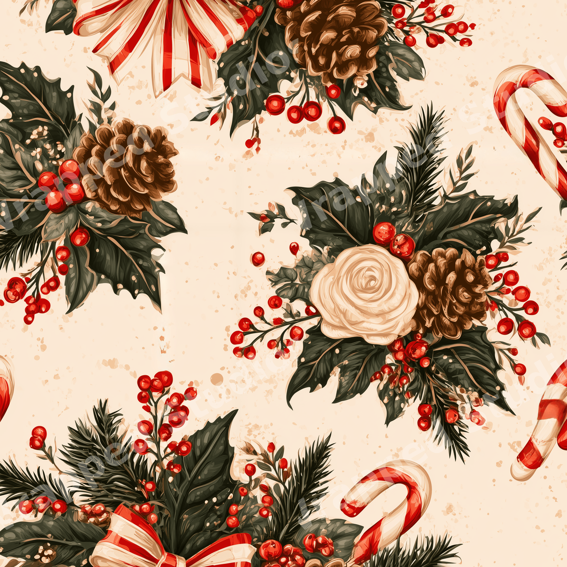 Vintage botanical Christmas pattern with pinecones, holly, red berries, and candy canes on cream.
