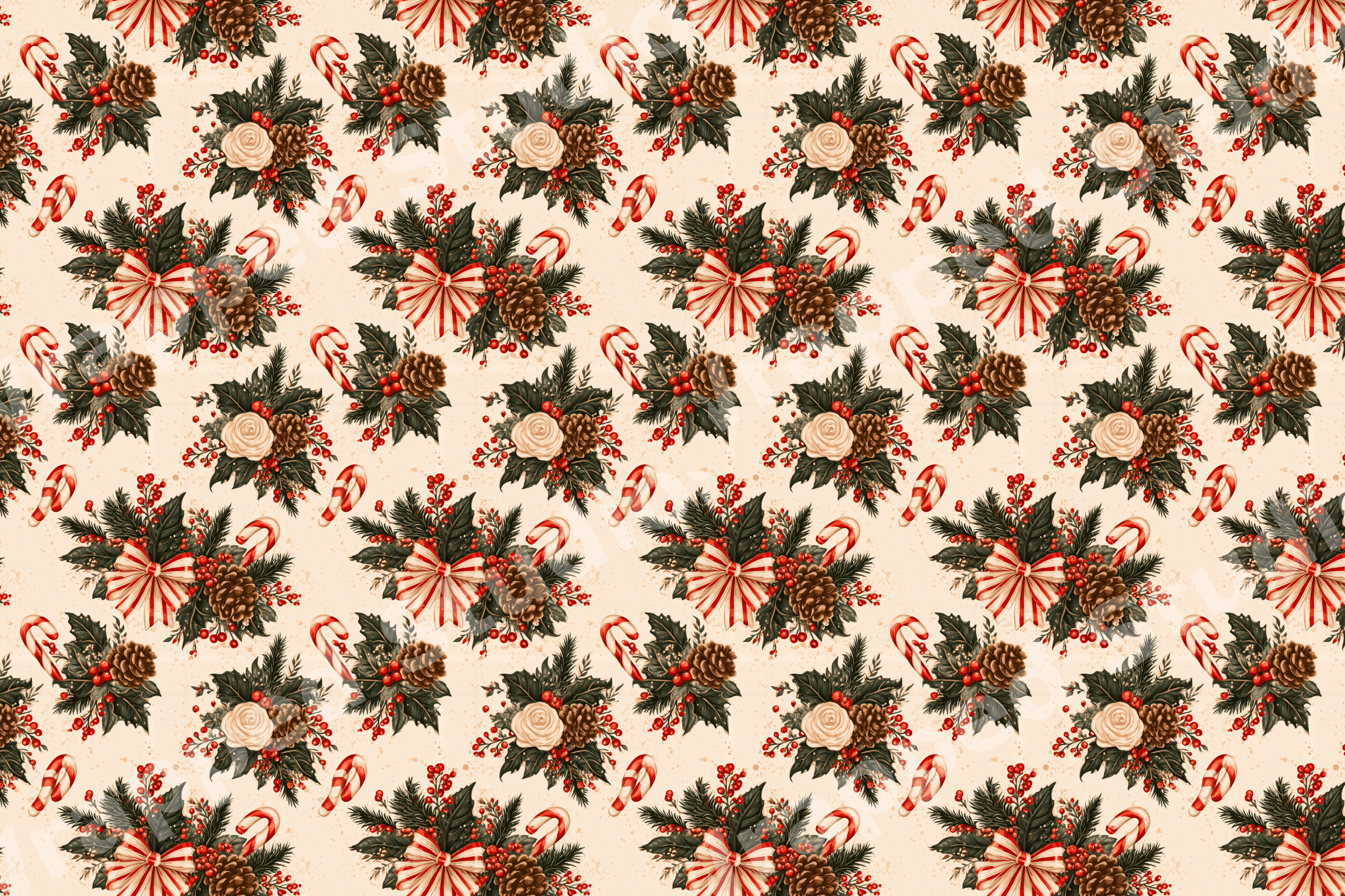 Vintage Christmas botanical pattern featuring pinecones, holly, candy canes, and red berries on cream.