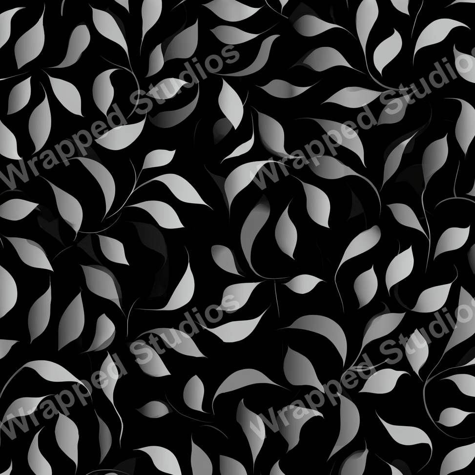 Elegant botanical pattern with swirling silver leaves on a dark background.