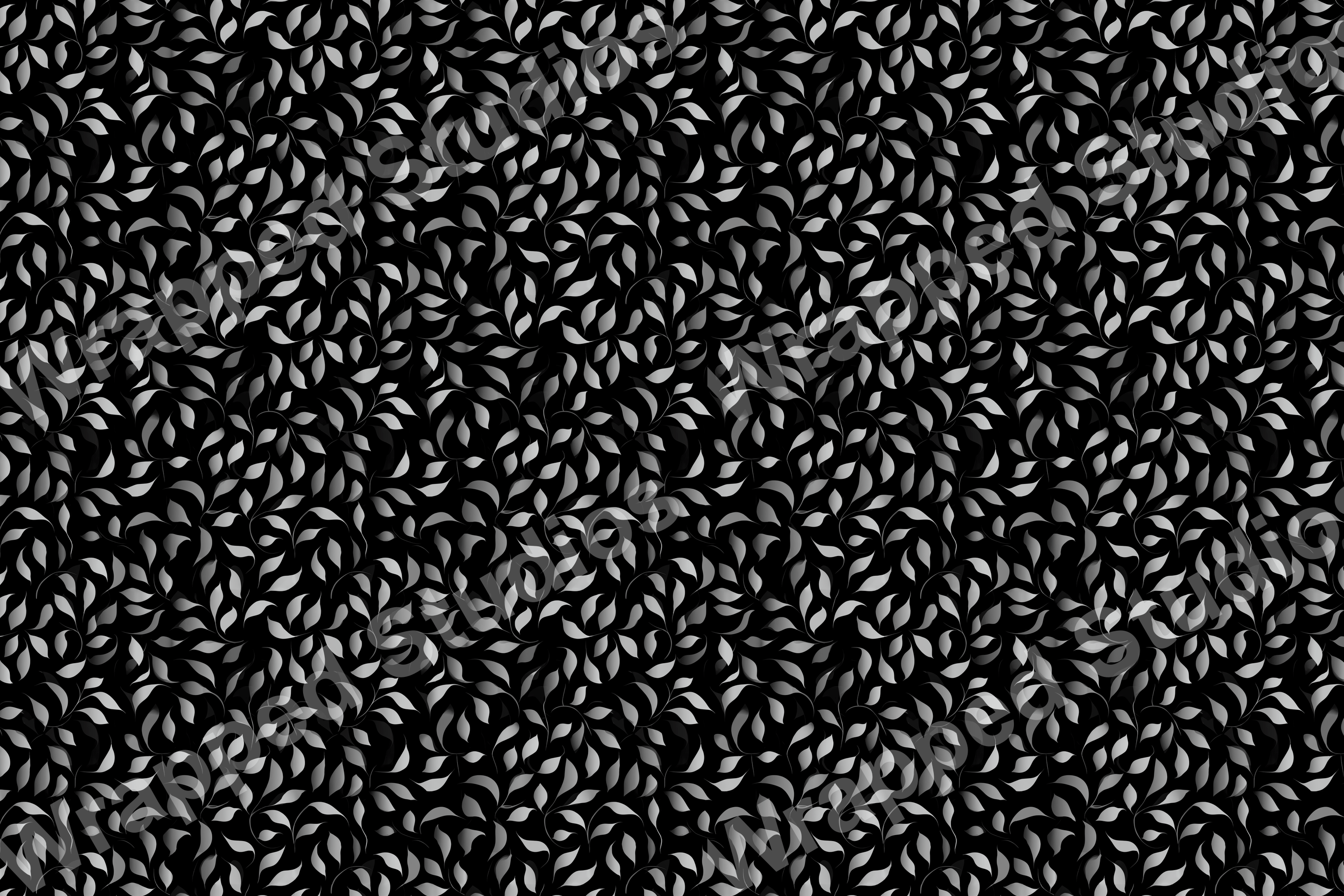 Silver leaves create an elegant floral pattern on a black background.