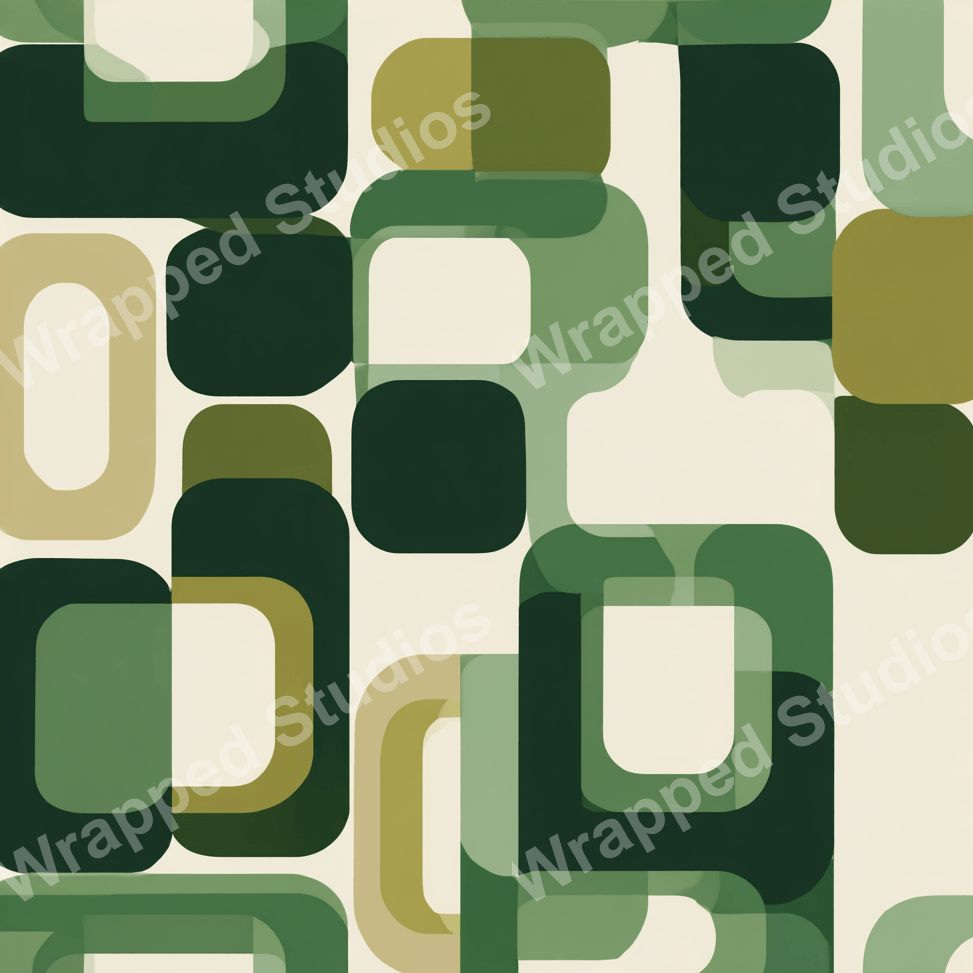 Olive green geometric pattern with rounded rectangle and square shapes on a beige background.