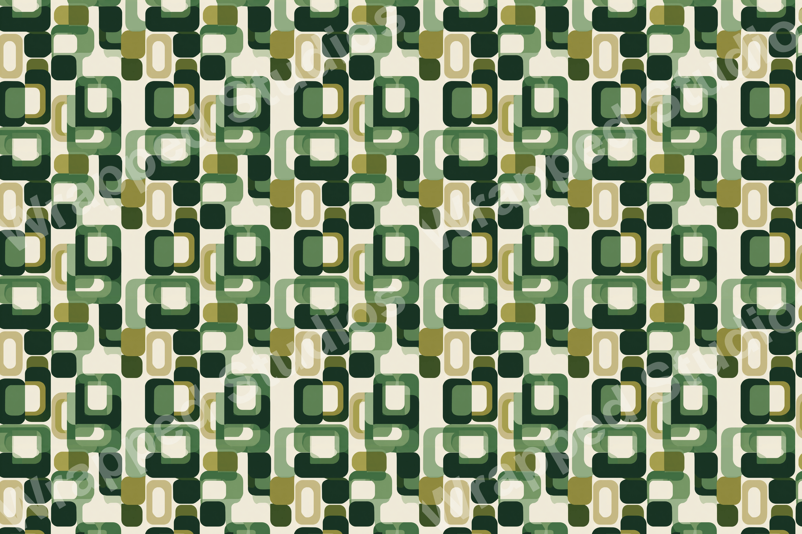 Retro geometric pattern with overlapping rounded squares in shades of green and tan.