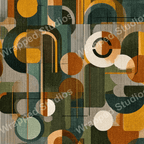 Seamless geometric pattern with circles, arches, and lines in shades of green, brown, and gold.