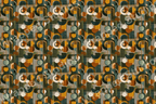 Abstract geometric pattern with circles, arches, and lines in olive green, gold, brown, and ivory.