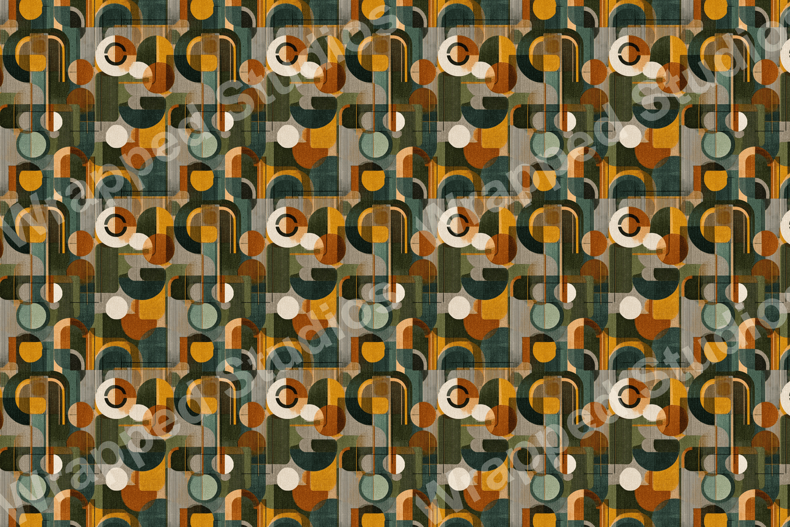 Abstract geometric pattern with circles, arches, and lines in olive green, gold, brown, and ivory.