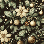 Elegant Christmas floral pattern with poinsettias, holly, and baubles in gold and green tones.