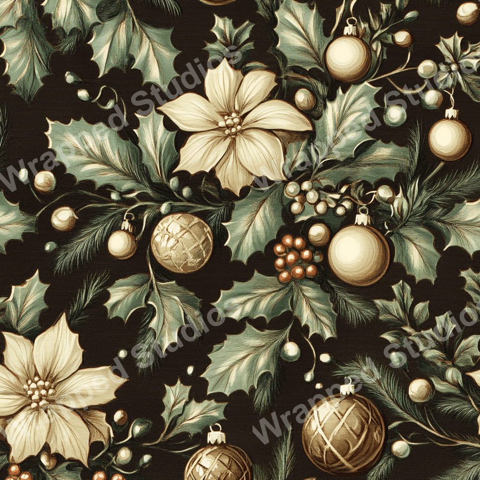 Elegant Christmas floral pattern with poinsettias, holly, and baubles in gold and green tones.