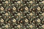 Elegant Christmas botanical pattern with poinsettias, holly, and ornaments in shades of beige and green.