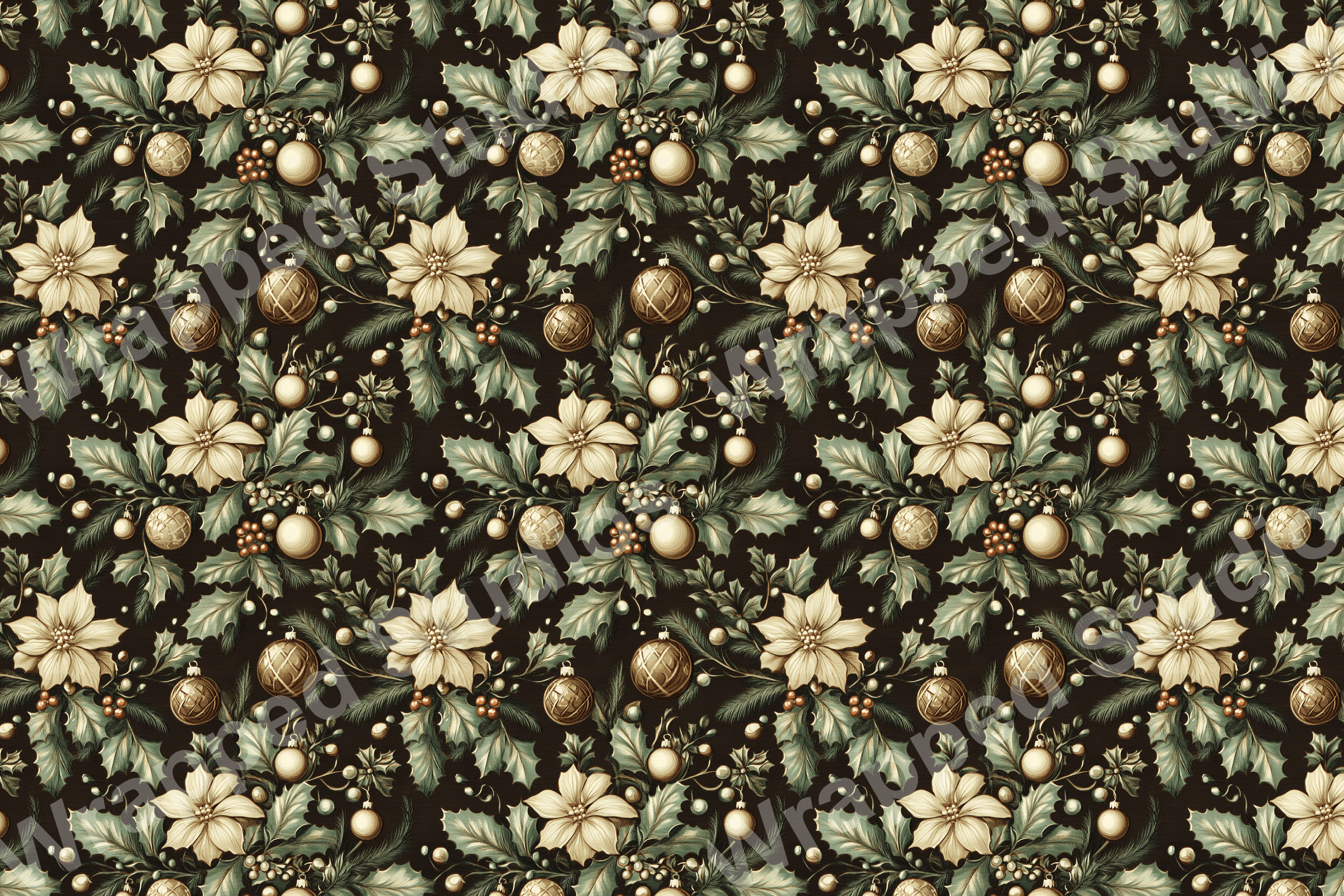 Elegant Christmas botanical pattern with poinsettias, holly, and ornaments in shades of beige and green.