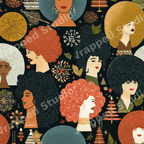 Retro 1970s seamless pattern of diverse women with colorful afros and stylized mid-century modern botanicals.