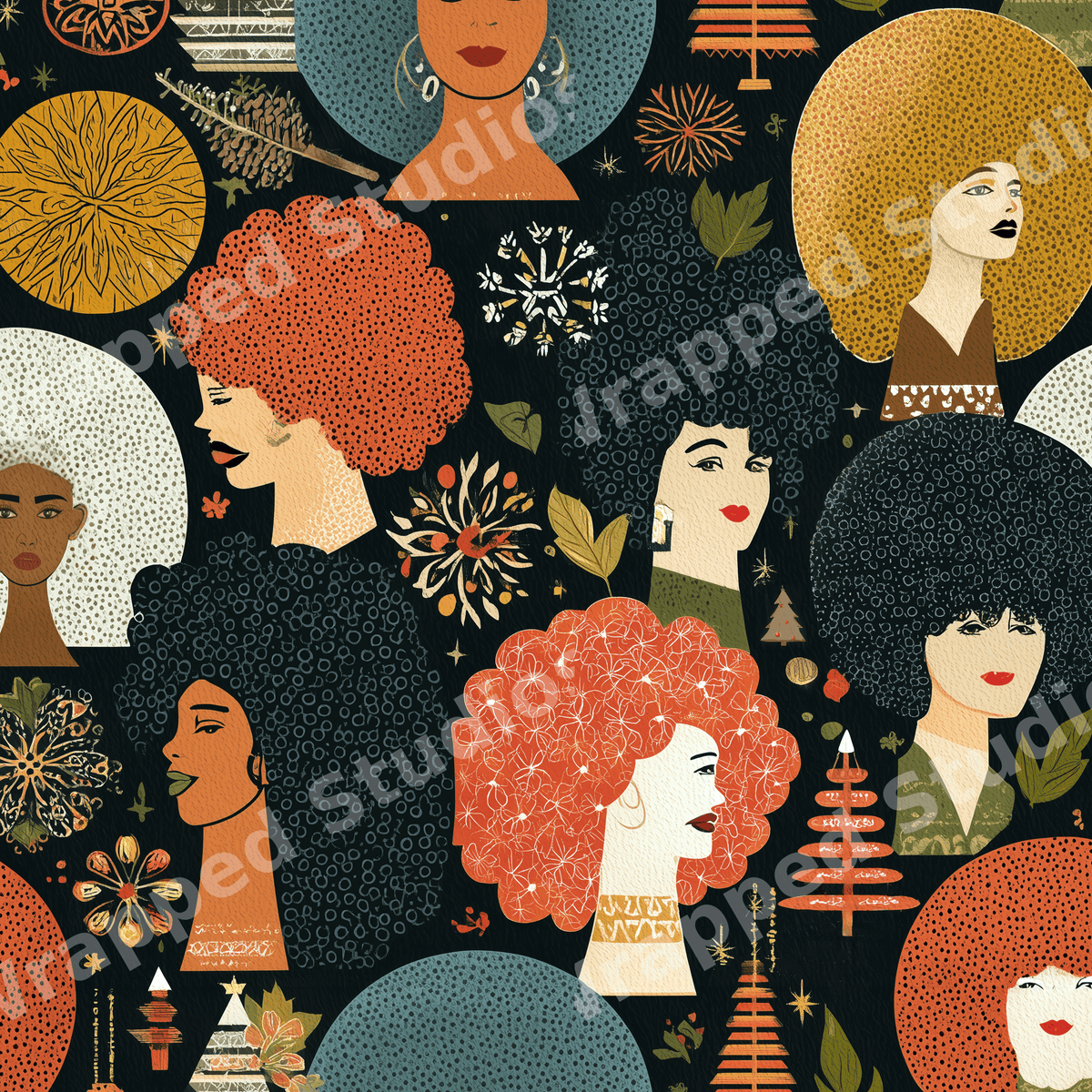 Retro 1970s seamless pattern of diverse women with colorful afros and stylized mid-century modern botanicals.