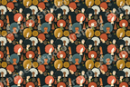 Mid-century modern pattern of diverse women with afros and holiday ornaments in rust, teal, and gold.