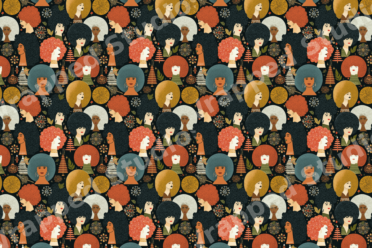 Mid-century modern pattern of diverse women with afros and holiday ornaments in rust, teal, and gold.
