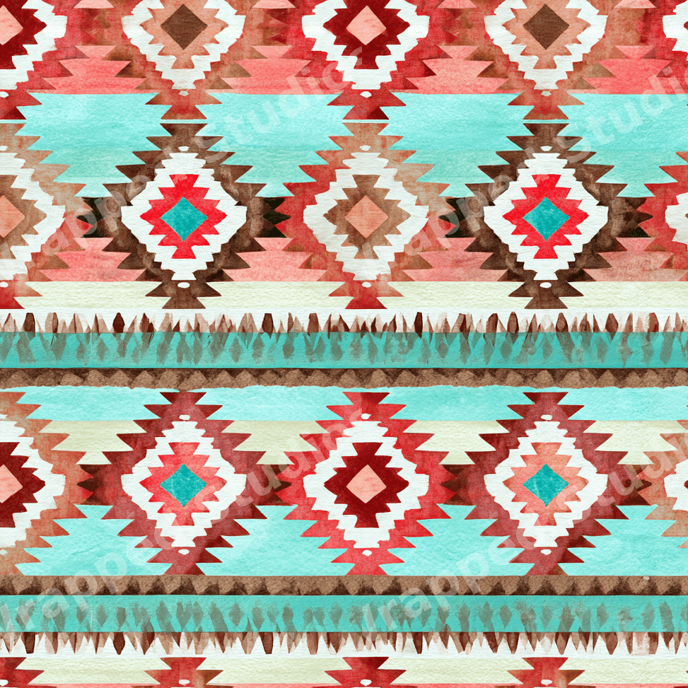Watercolor southwestern geometric pattern featuring Aztec diamonds in turquoise, terracotta, and coral.