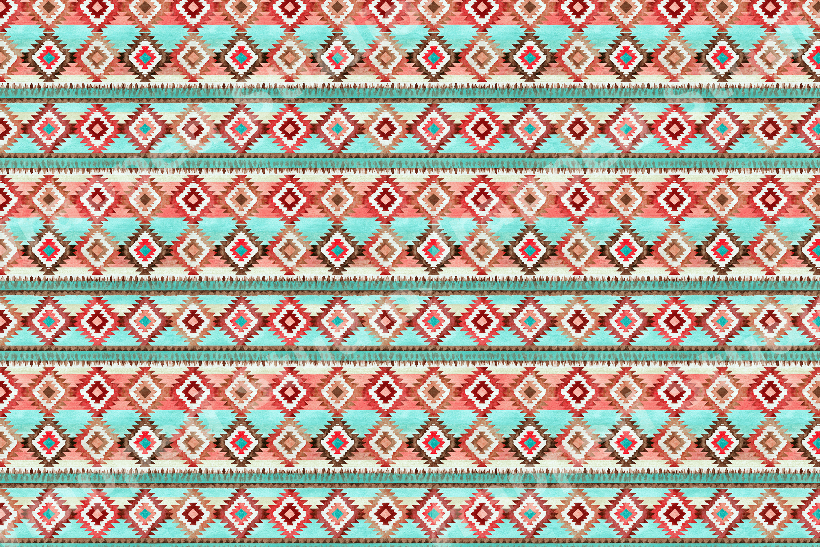 Bohemian southwestern geometric pattern with watercolor tribal diamonds in turquoise and terracotta red.