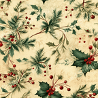 Vintage botanical design with holly berries and pine boughs on a pale background.