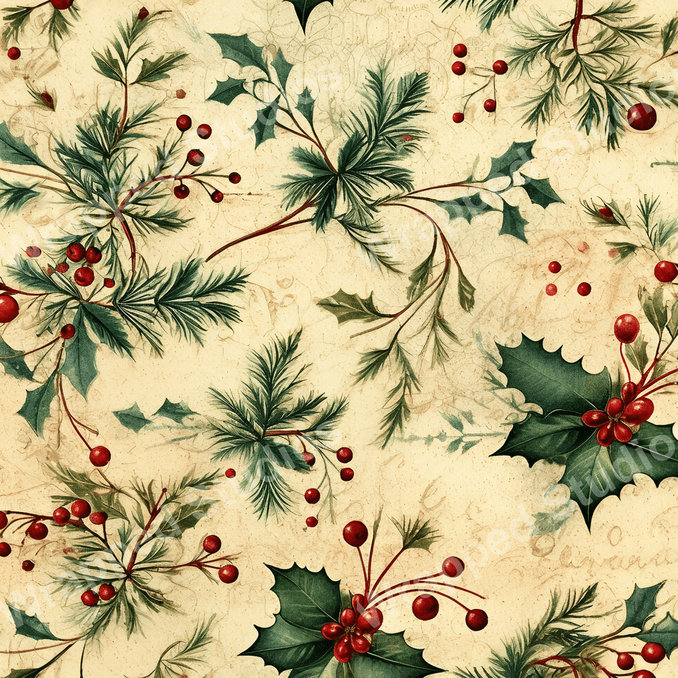 Vintage botanical design with holly berries and pine boughs on a pale background.