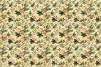Vintage botanical pattern of evergreen boughs, holly leaves, and red berries on a beige background.