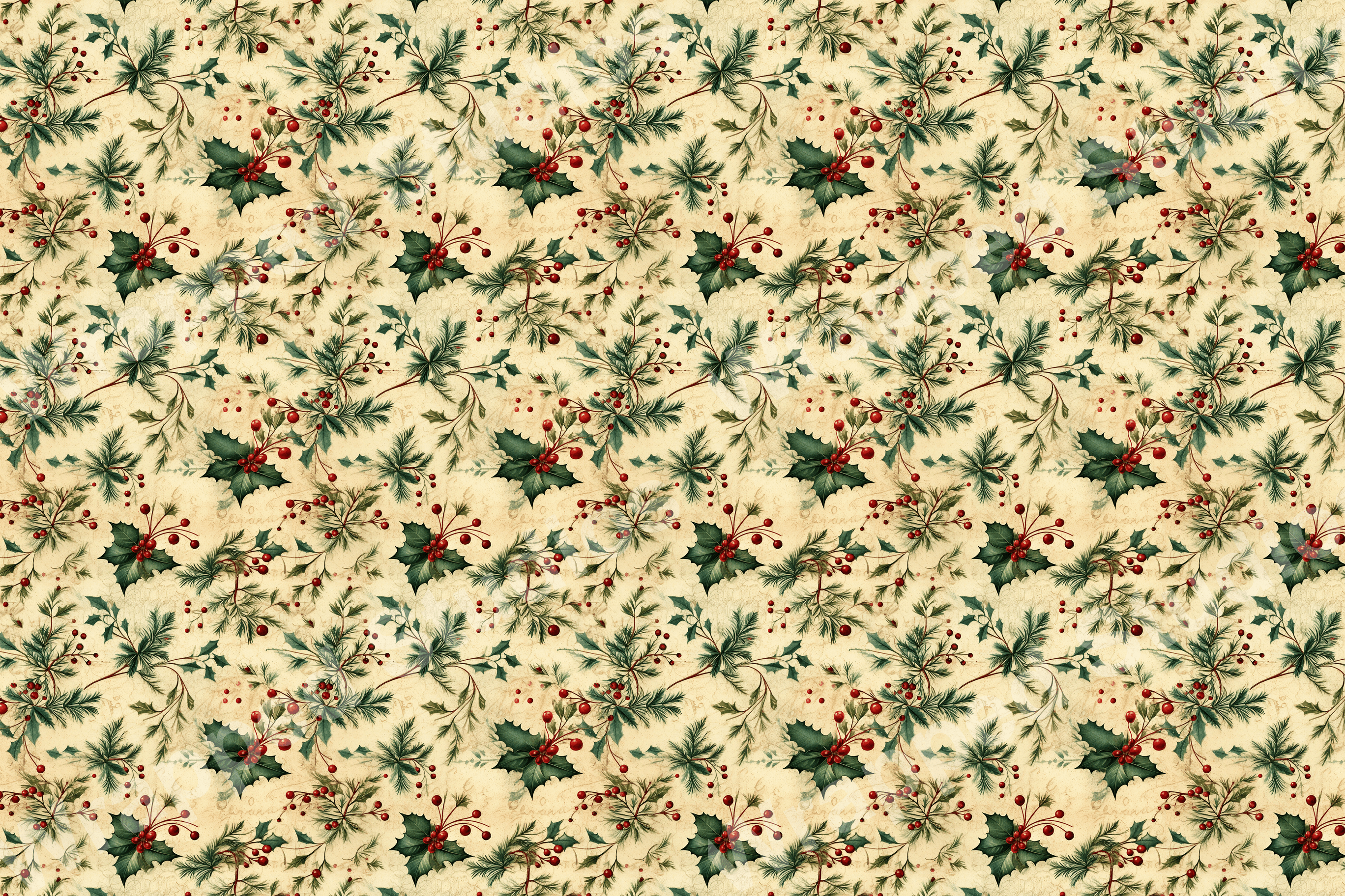 Vintage botanical pattern of evergreen boughs, holly leaves, and red berries on a beige background.