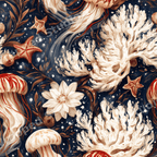 Vintage marine life pattern with painted jellyfish, white coral, and starfish on a navy blue background.