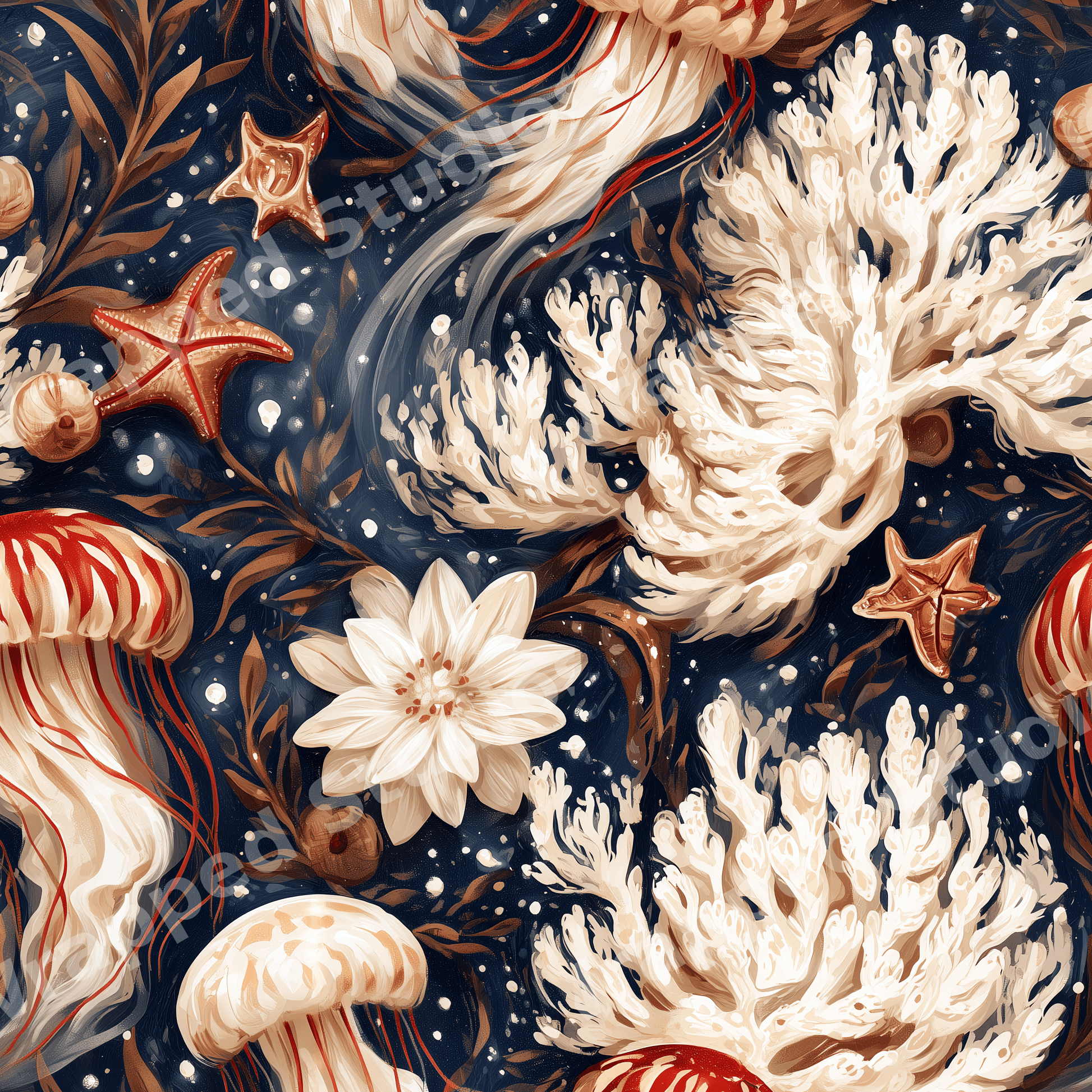 Vintage marine life pattern with painted jellyfish, white coral, and starfish on a navy blue background.