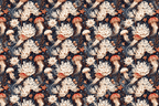 Vintage coastal pattern featuring red jellyfish, cream coral, and starfish on dark navy blue.