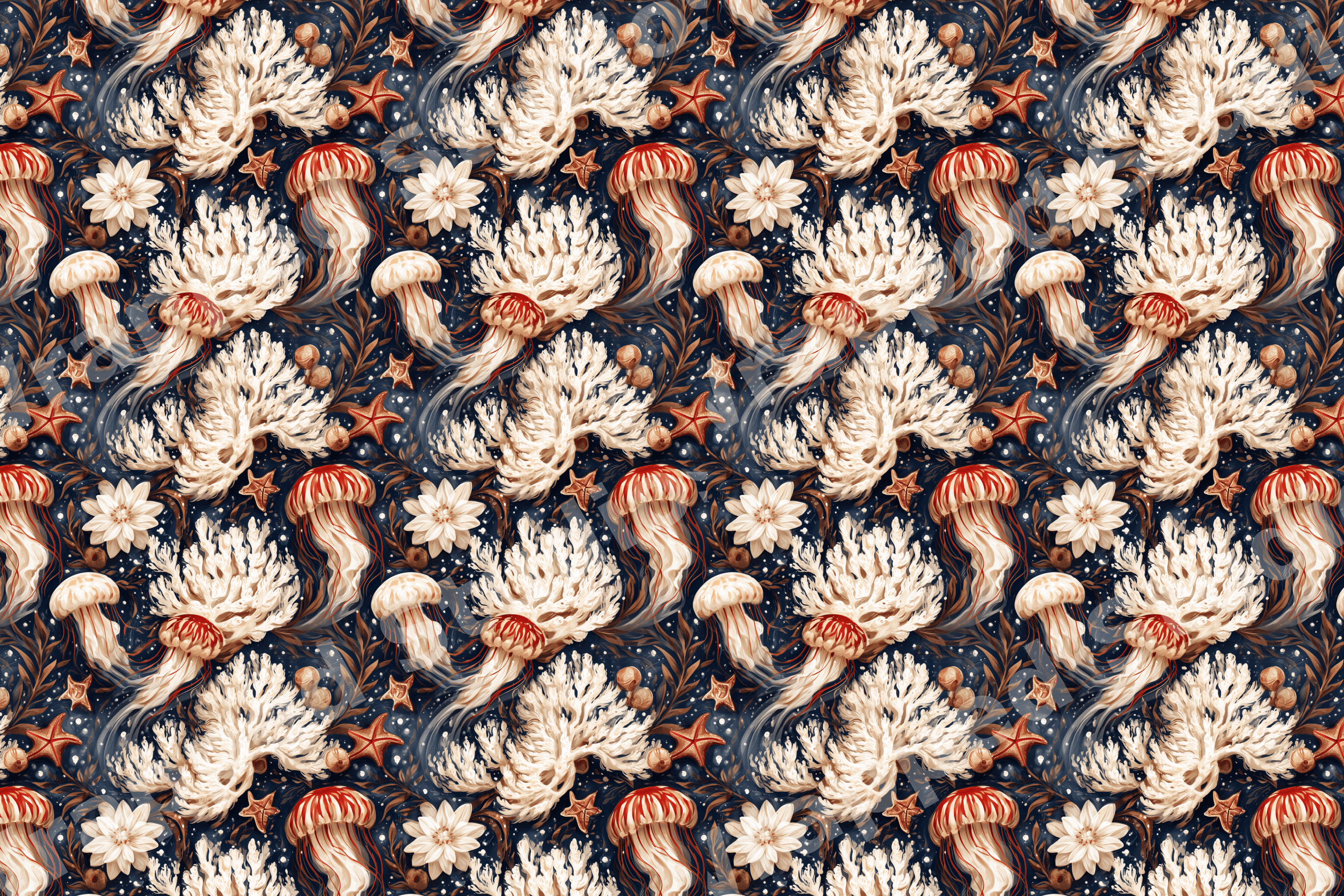 Vintage coastal pattern featuring red jellyfish, cream coral, and starfish on dark navy blue.
